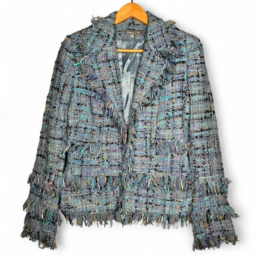 Serena Kay Paris Blue  Tweed Fringe Blazer Jacket Made in France Size 36 Medium